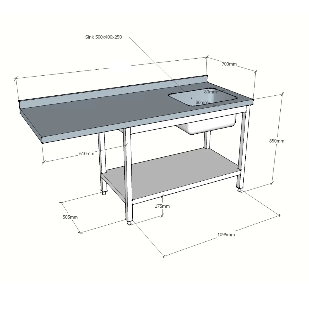 Oppvaskbenk <br>Plass for oppvaskmaskin<br>1 kum og underhylle