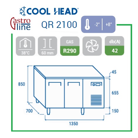 Kjølebenk 2 dører<br>QR2100<br>-2 / +8°C