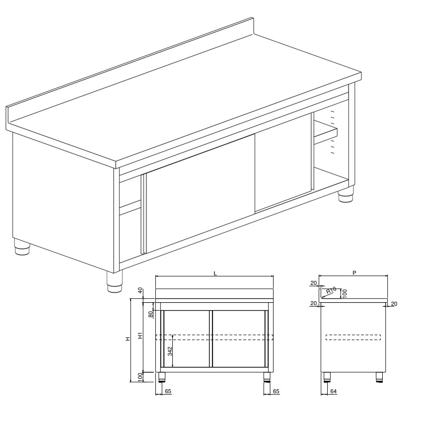 Arbeidsskap med 2 hyller<br>Helt lukket