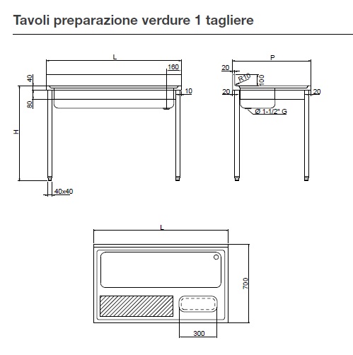 Forberedningsbenk for grønnsaker<br>med skjærebrett og stor kum