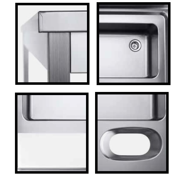 Forberedningsbenk for grønnsaker<br>med skjærebrett og stor kum